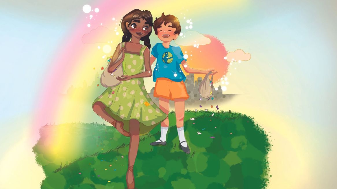 A cartoon image of a boy and girl on a grass field. 