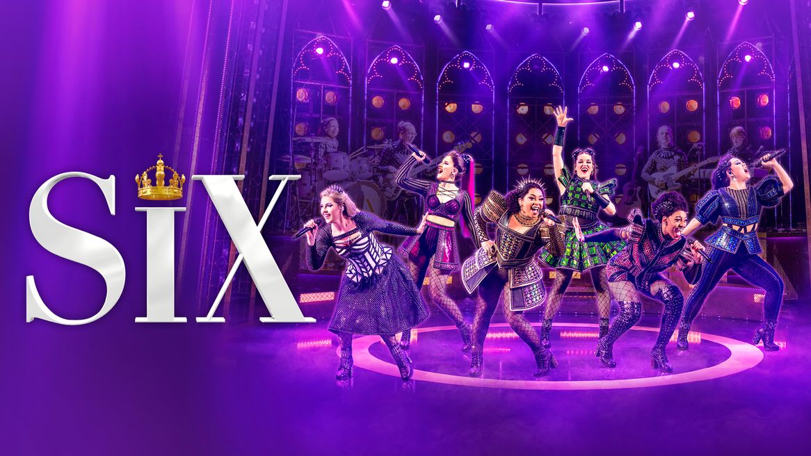 Six women in Tudor inspired popstar outfits perform on a purple stage