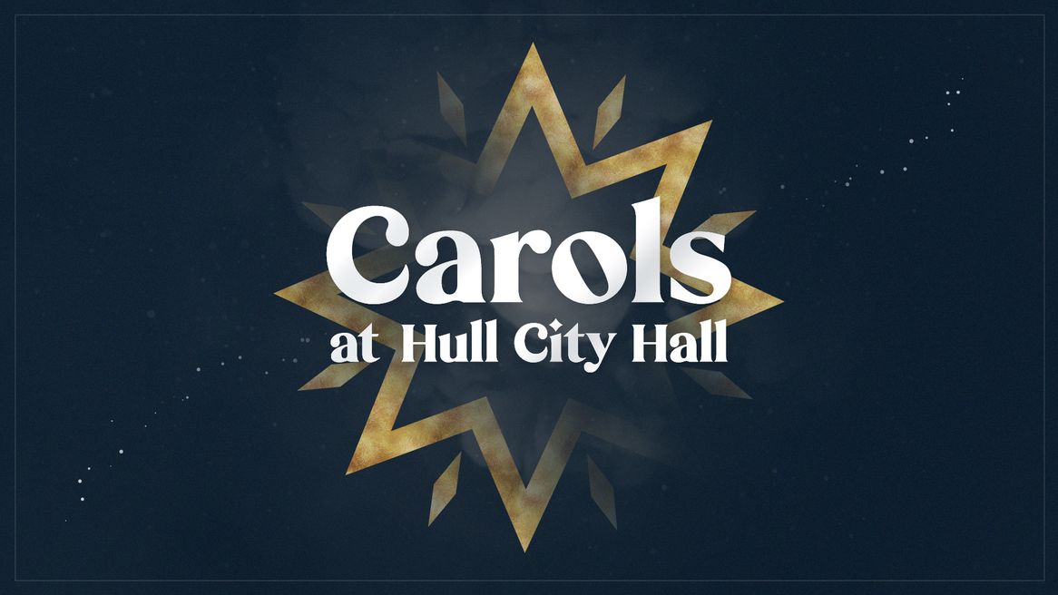 A gold star on a black background with the words Carols at Hull City Hall in front of it.