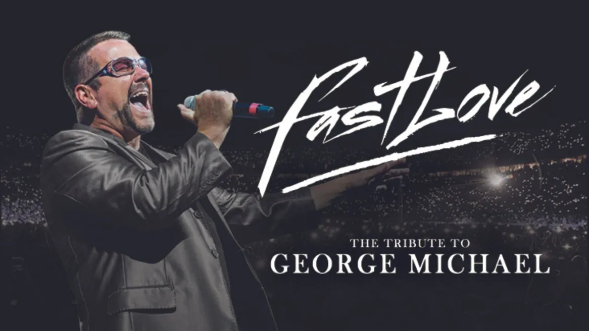 George Michael tribute act in a leather jacket  with microphone singing with Fastlove logo above