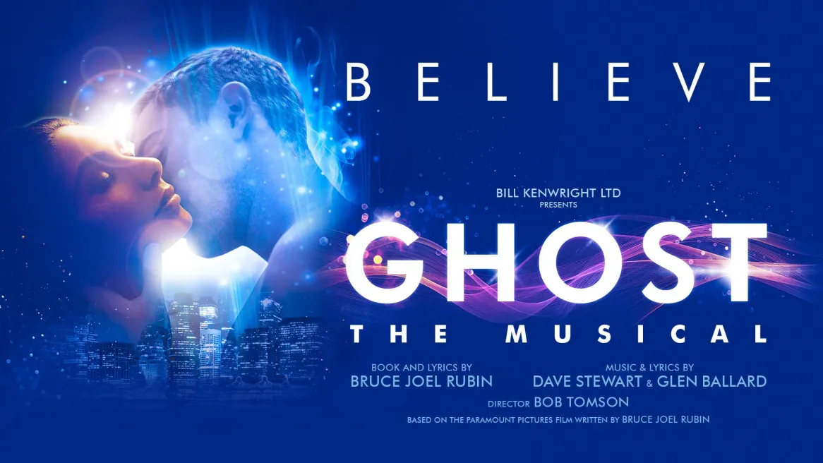 Man and woman kissing in the moonlight with the words Believe and Ghost The Musical on a night sky background