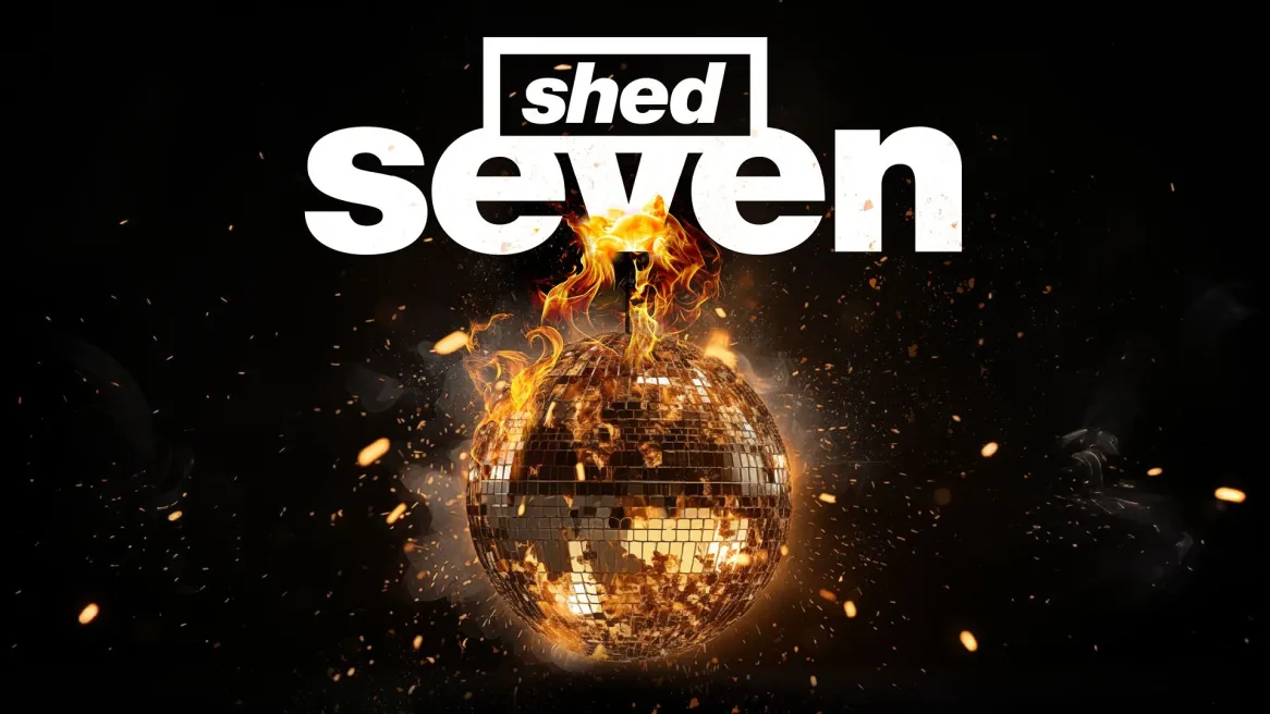 Shed Seven logo above a mirror ball, which is on fire 