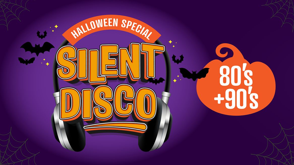 A pair of headphones with the words Halloween Special and Silent Disco in the middle with bats and a pumpkin. 