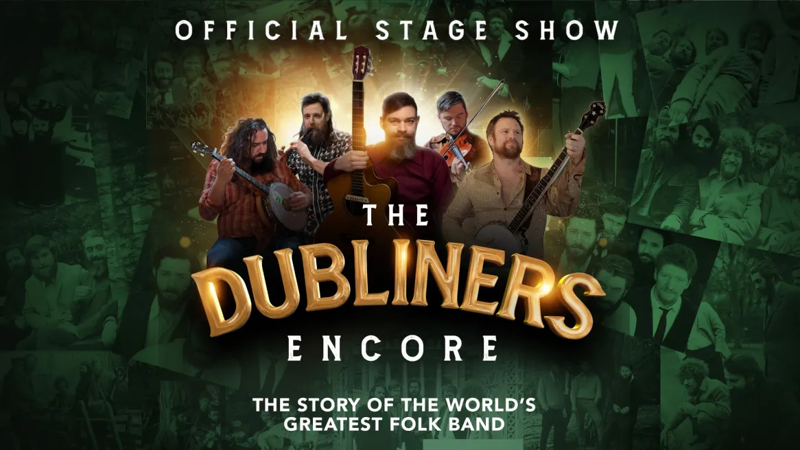 Musicians playing instruments including the banjo, penny whistle and fiddle. With images of The Dubliners